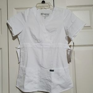 White 3 Pocket Mock Wrap Scrub Top